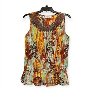 Cato Top Womens Medium Orange Brown Green Sleeveless Shirt Animal Print Lace‎